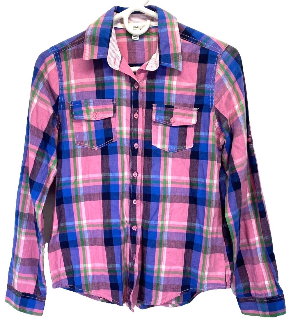 Love Culture Women's Size Medium Pink Plaid Button Up Long Sleeve Cotton Top
